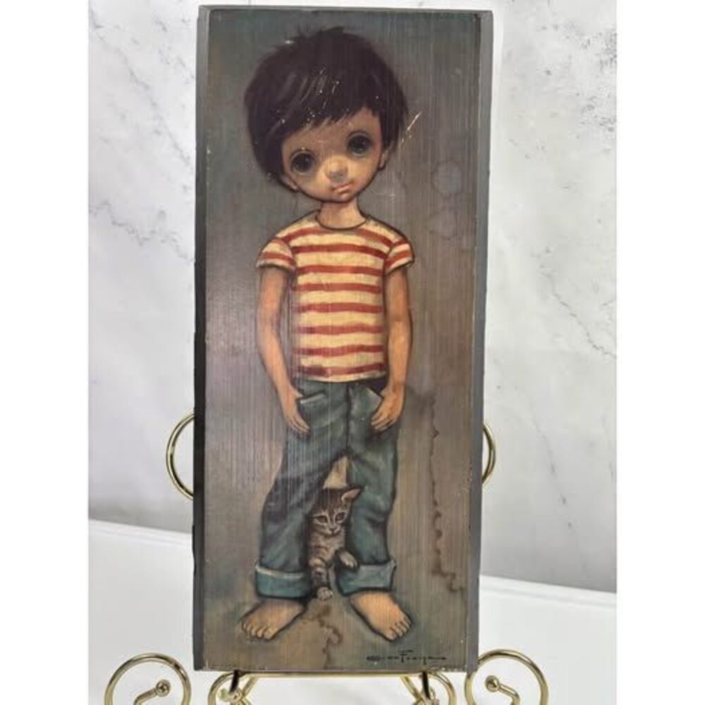 Vintage Ozz Franca Art Print Big Eyed Boy Sad Eyes Plastic Frame reprint on wood